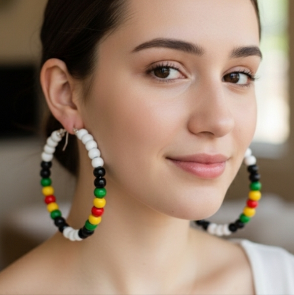 Handmade Jewelry - Rasta hoop earrings, African earrings with wooden beads, large hoop earr…
